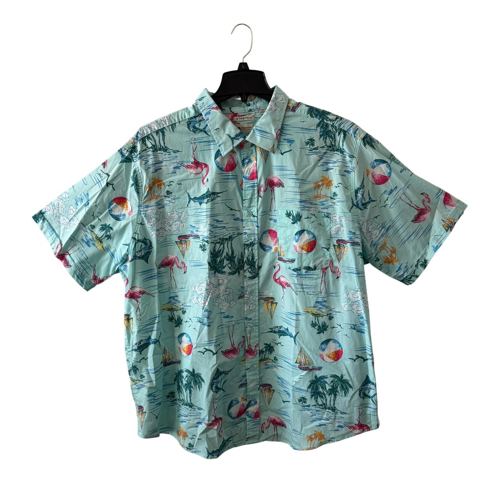 Haggar Flamingo Print Button Down Shirt Mens XXL Tropical Short Sleeve Hawaiian